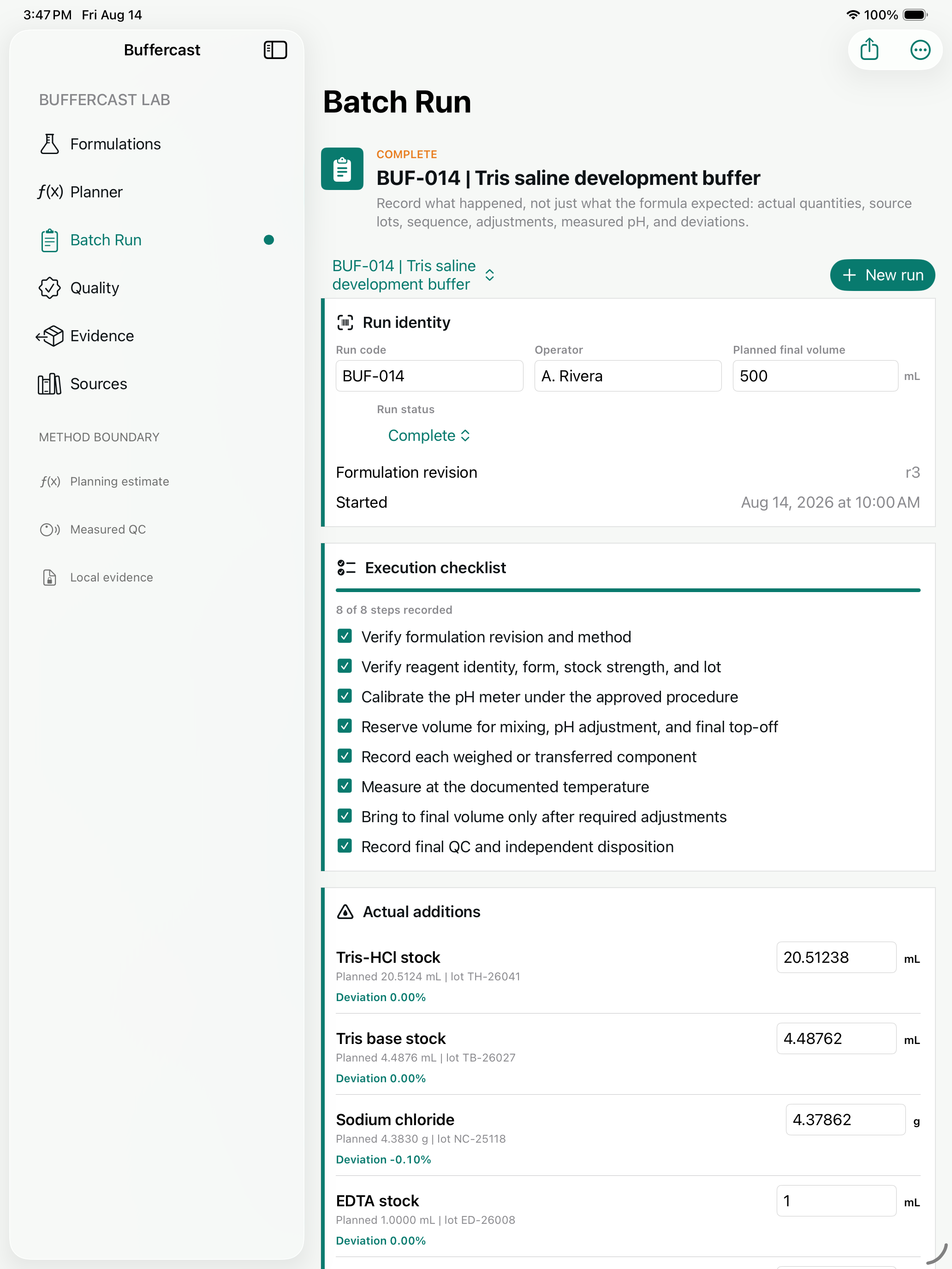 Buffercast batch run showing execution checklist and actual additions