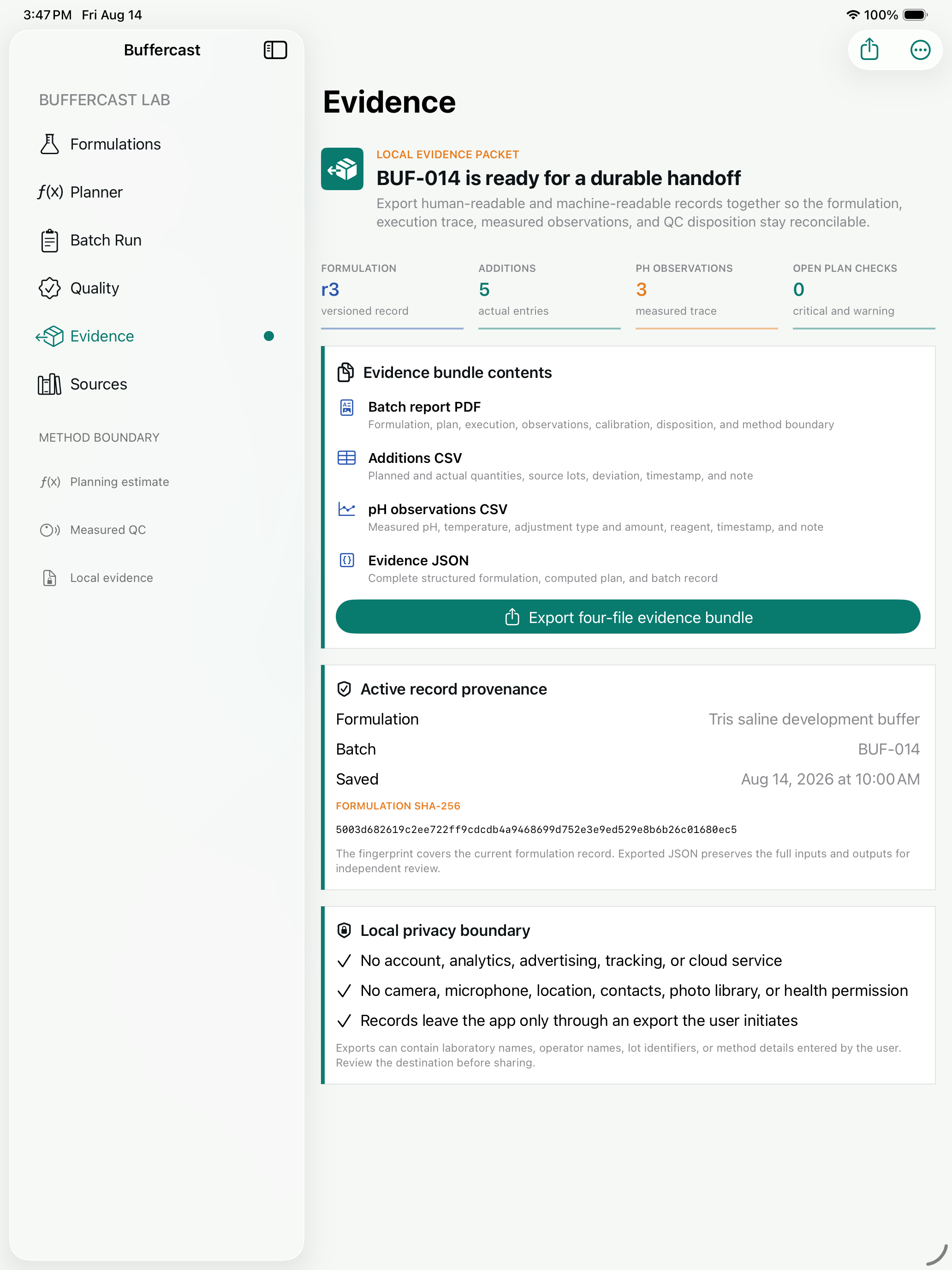 Buffercast evidence screen listing PDF CSV and JSON export files