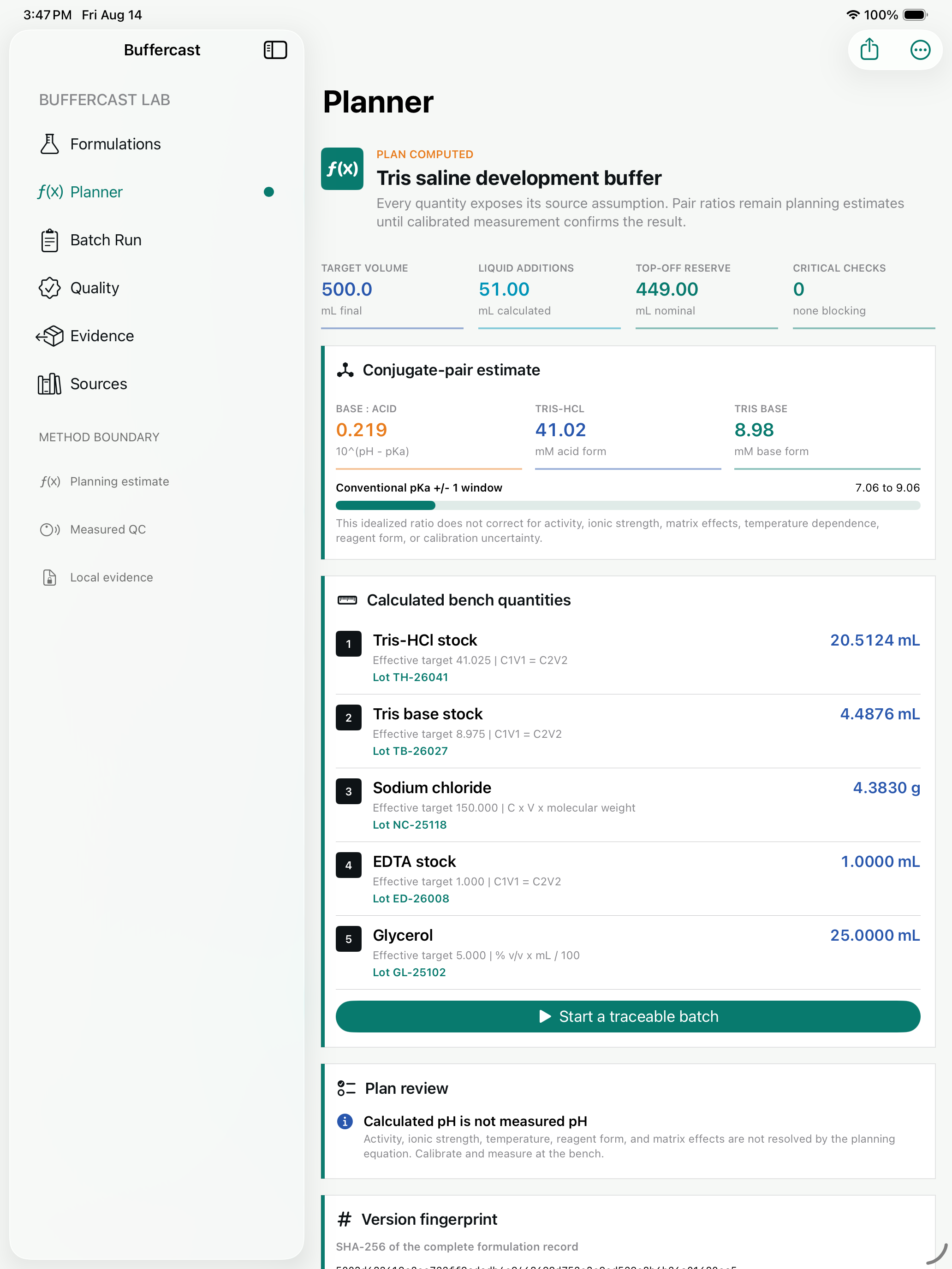 Buffercast planner showing calculated component quantities and the formulation fingerprint