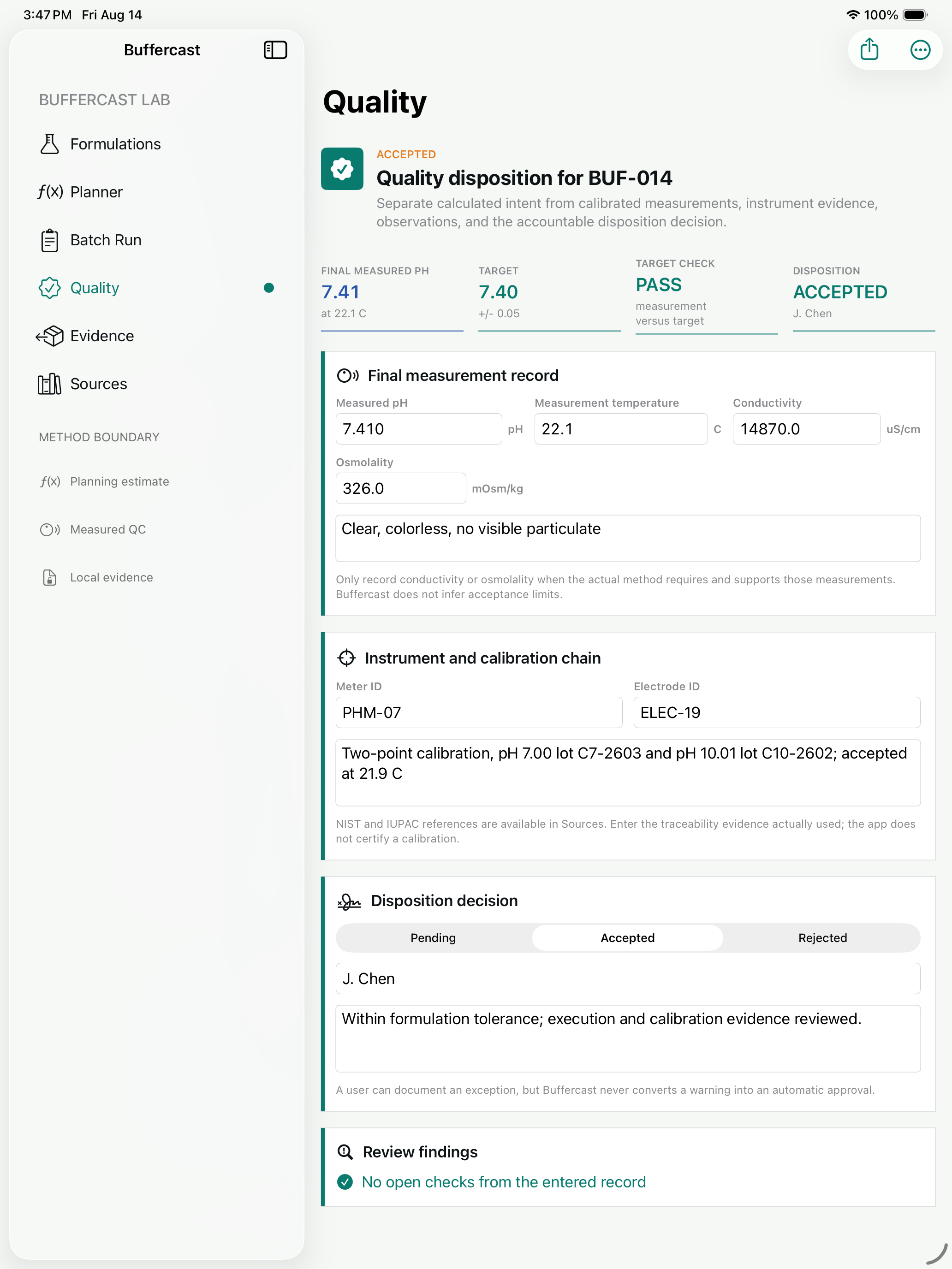 Buffercast quality screen showing final measurement and calibration records